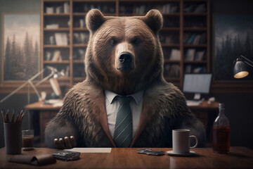 Portrait of a Bear Dressed in a Formal Business Suit at The Office, Boss Bear, Generative Ai