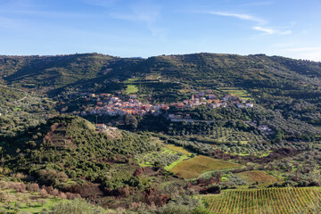 Fototapeta na wymiar Farms and Small Town in Mountains. Modolo, Sardinia, Italy. Sunny Day.