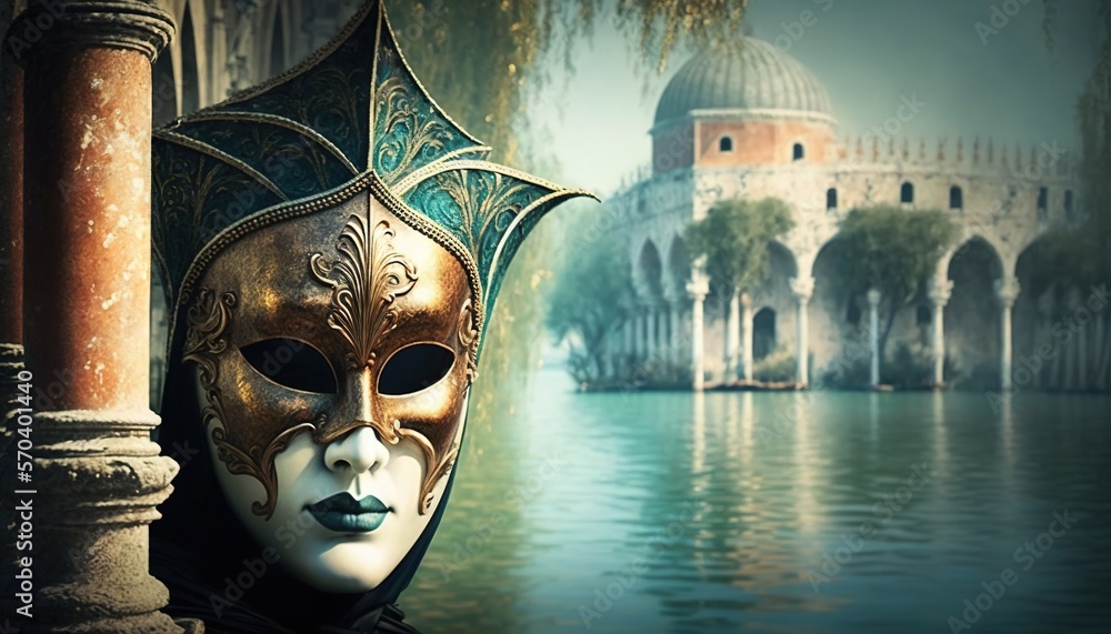 Poster a mask is hanging on a pole near a body of water with a building in the background and a lake in the