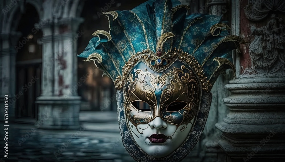 Poster a close up of a person wearing a mask on a city street with columns in the background and a building