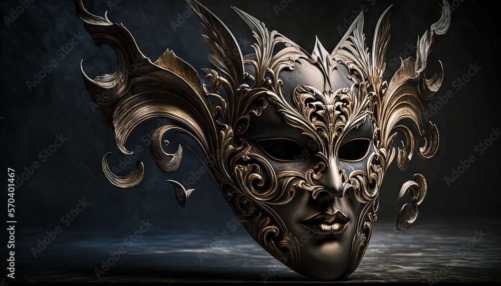 Poster a masquerade mask with intricate designs on a dark background with smoke coming out of the mask and 
