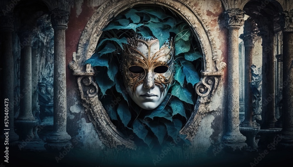 Poster a man wearing a mask with leaves on his face in a doorway with columns and pillars in the background