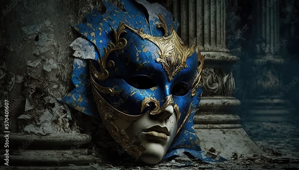 Poster a blue and gold mask sitting on top of a pile of rubble next to a columned building with columns in 