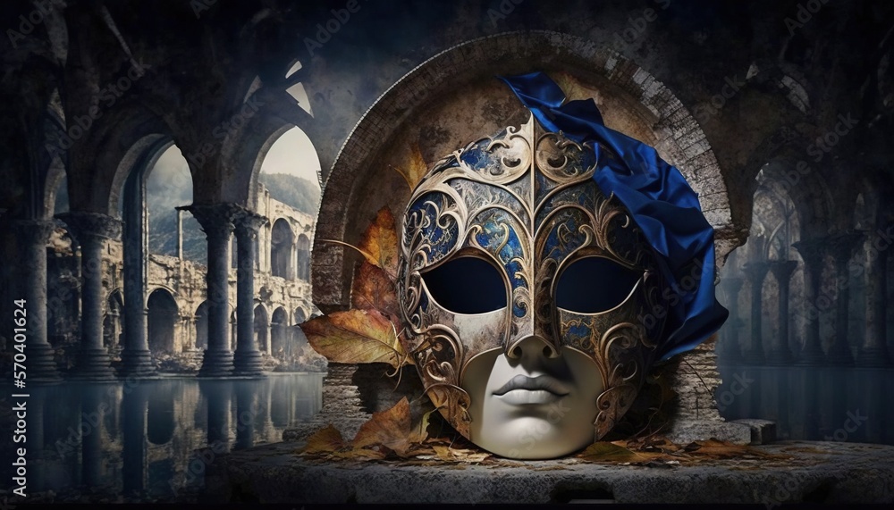 Poster  a mask with a blue cloth on it sitting in front of a stone wall with arches and arches in the background, with a reflection of a pool of water.  generative ai