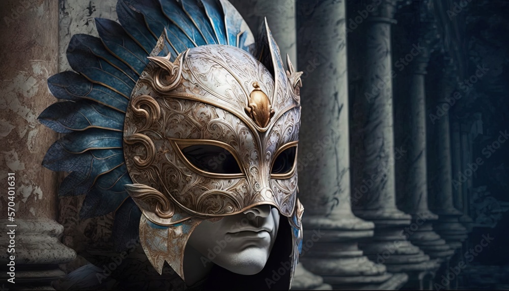 Poster a man wearing a mask with feathers on his head in front of pillars and columns in a building with co