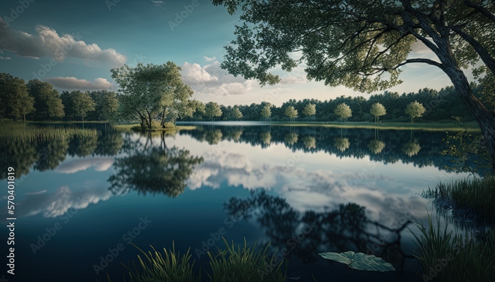 Poster a painting of a lake surrounded by trees and grass with a sky in the background with clouds in the s