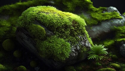 Beautiful Bright Green moss grown up cover the rough stones and on the floor in the forest. Show with macro view. Rocks full of the moss texture in nature for wallpaper. 