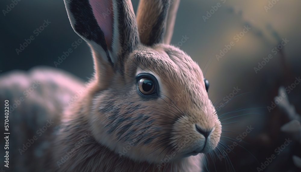 Poster a close up of a rabbit's face with a blurry background and a blurry image of a tree branch in the ba