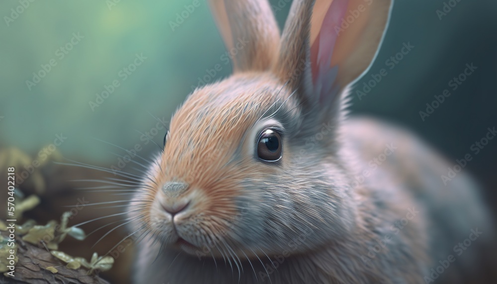 Poster a digital painting of a rabbit looking at the camera with a blurry background of grass and leaves in
