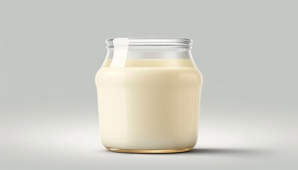  a glass jar filled with a liquid on top of a white tablecloth with a shadow on the floor below it and a gray background.  generative ai