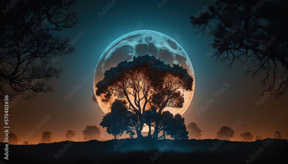 Aufkleber a full moon rises over trees in a field at night with a full moon in the background and a silhouette