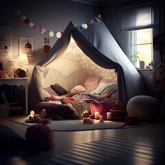 Blanket fort girl's playroom, teepee tent, dimly lit, childhood  - obrazy, fototapety, plakaty