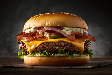 Gourmet bacon cheeseburger with lettuce onion pickles and aioli, closeup, restaurant menu