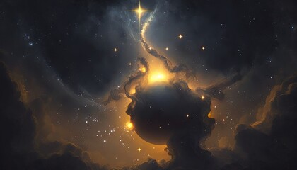  a person's head in the clouds with a star in the middle of the image and a bright light shining in the middle of the clouds.  generative ai