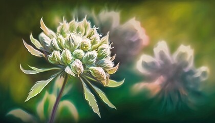 Fototapeta premium a painting of a flower with a blurry background of flowers in the foreground, and a blurry background of leaves in the foreground. generative ai