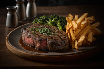 Gourmet steak with french fries and broccoli, restaurant menu image, upscale dining