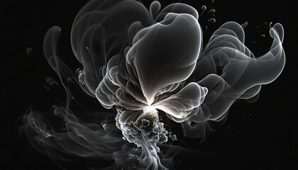 a black and white photo of smoke on a black background with a white flower in the middle of the photo and a white flower in the middle of the photo.  generative ai