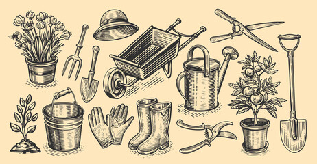 Gardening set of items in sketch style. Garden, farm concept. Agriculture, farming vintage vector illustration - obrazy, fototapety, plakaty