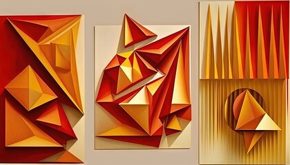  three paintings of different shapes and sizes on a white wall, one of which is red and gold, the other is yellow and white.  generative ai