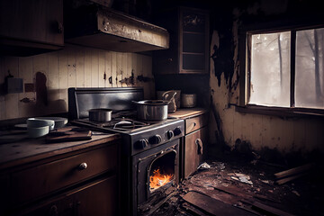 Burnt up kitchen after a fire hazard, ideal for backgrounds, generative AI