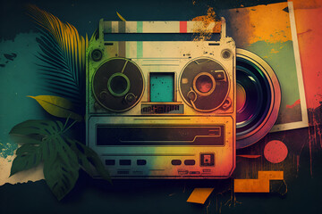 colorful retro vintage tape recorder with tropical colorways and palm leaves, retro background and vinyl record, graffiti reggae style, generative ai - obrazy, fototapety, plakaty
