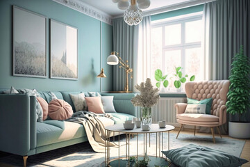Obraz premium beautiful dreamy living room, elegant colors, minimalist, 3d, design, cozy - created with AI