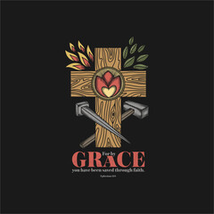 A hand-drawn Bible doodle illustration. Grace is a symbol of God's love and salvation. Christian cross, nail and hammer.