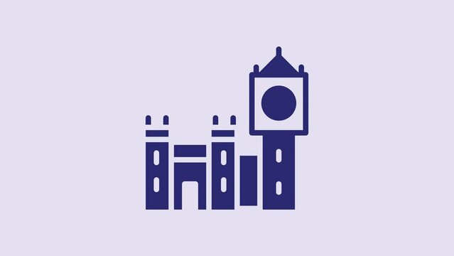 Blue Big Ben tower icon isolated on purple background. Symbol of London and United Kingdom. 4K Video motion graphic animation