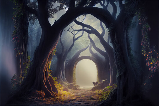 Into the deep woods, atmospheric landscape with archway and ancient trees, misty and foggy mood - Generative AI