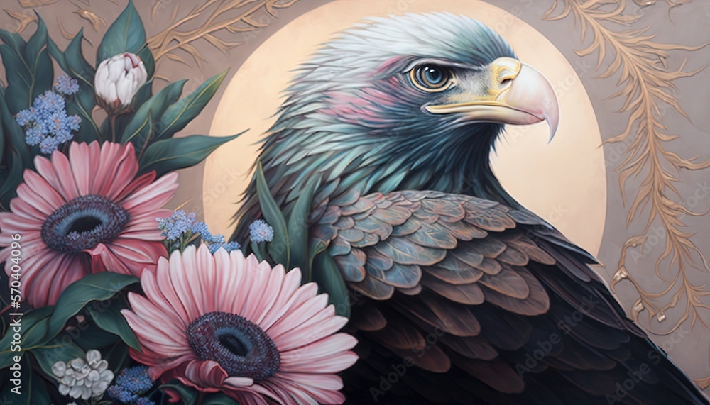 Poster a painting of a bird with flowers in front of a sunlit background and a moon in the sky behind it, w