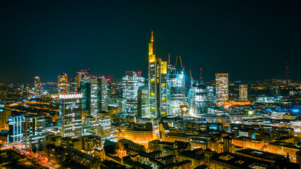high angle view of the illuminated city skyline at night, frankfurt main, germany - obrazy, fototapety, plakaty