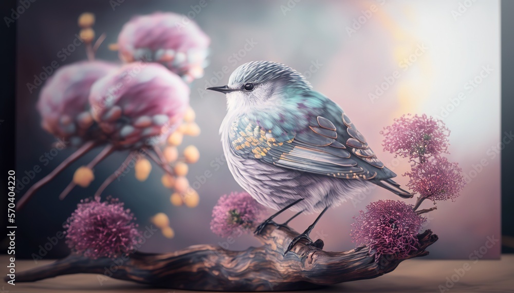 Poster a painting of a bird sitting on top of a branch of a tree with flowers in the foreground and a backg