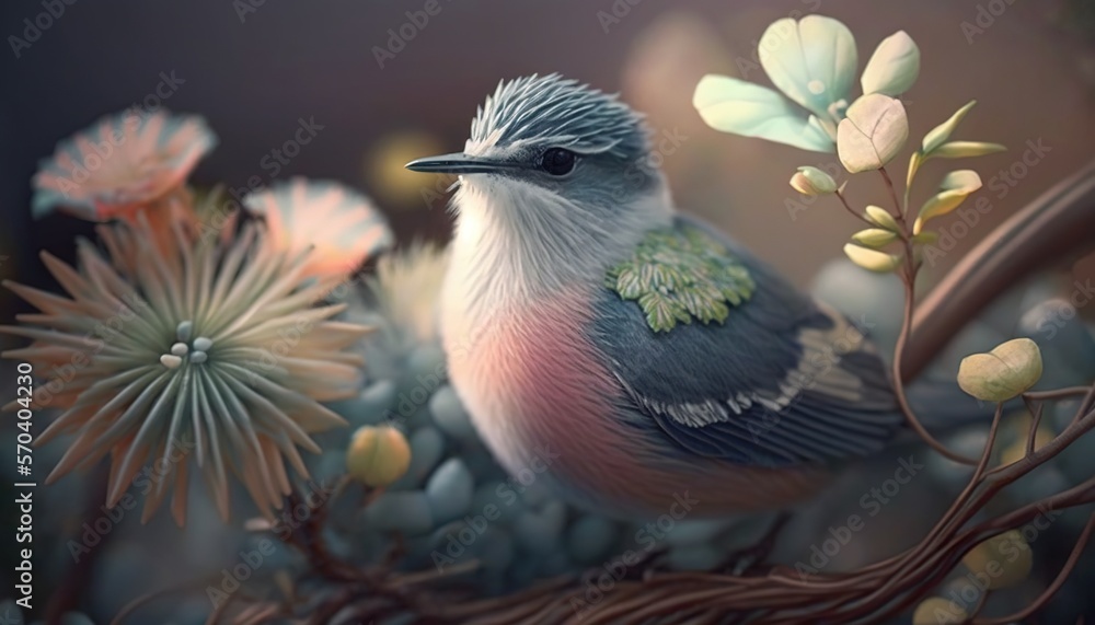 Poster a bird sitting on top of a tree branch next to a bunch of leaves and flowers on a tree branch with a