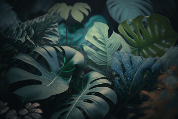Plano detalle de la selva, planta monstera, costilla de adán en la jungla. Generado con IA. - obrazy, fototapety, plakaty