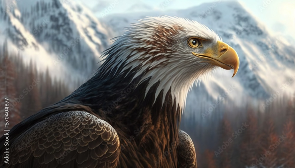 Poster a painting of a bald eagle in front of a mountain range with trees and snow covered mountains in the
