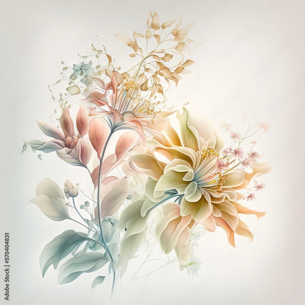 Poster a painting of a bunch of flowers on a white background with a light colored background and a light c