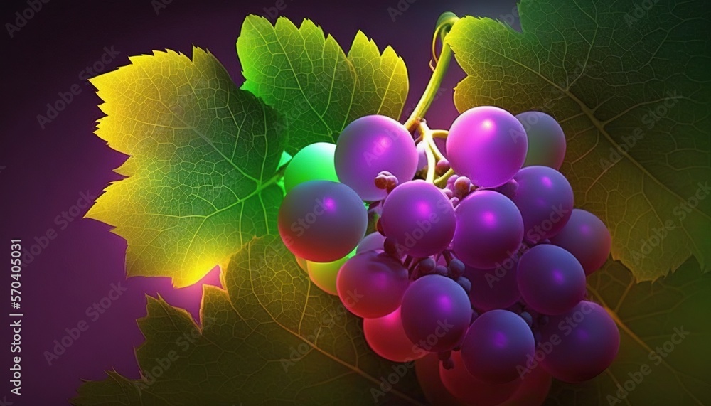 Poster a bunch of grapes with leaves on a purple and green background with a green light coming from the to