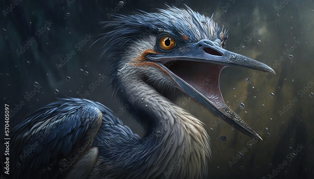 Poster a painting of a bird with its mouth open and it's mouth wide open and it's eyes wide open and water 