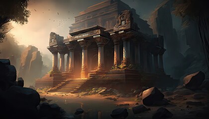 Ancient temple holds powerful artifact. Illustration fantasy by generative IA - obrazy, fototapety, plakaty