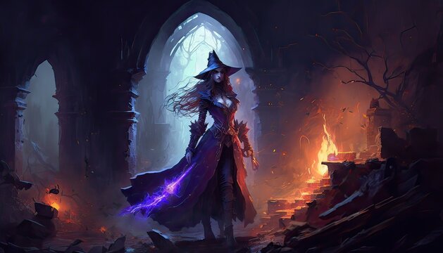 Sorceress battles evil warlock in ruined castle. Illustration fantasy by generative IA