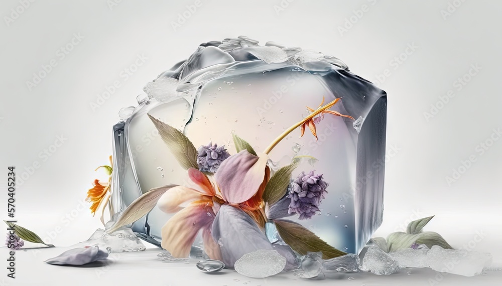 Aufkleber a glass vase with flowers in it and ice on the ground next to the vase is broken and has ice on the 