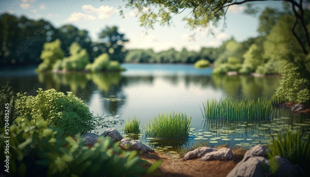 Poster a painting of a lake surrounded by trees and grass with a blue sky in the background and a few cloud