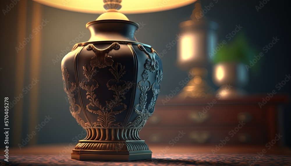 Poster a lamp that is on a table in a room with a dresser and a bed in the background and a dresser with a 