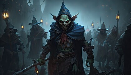 Dark wizard terrorizes kingdom with army of goblins. Illustration fantasy by generative IA - obrazy, fototapety, plakaty