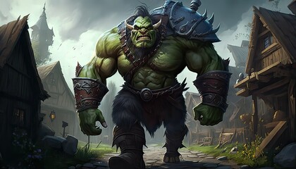 Giant ogre attacks peaceful village. Illustration fantasy by generative IA