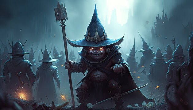 Dark wizard terrorizes kingdom with army of goblins. Illustration fantasy by generative IA