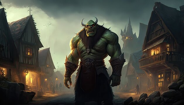 Giant ogre attacks peaceful village. Illustration fantasy by generative IA