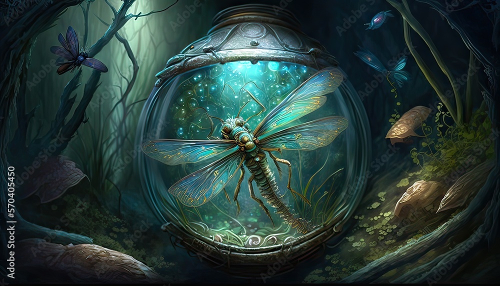 Wall mural magical dragonfly leads adventurers to hidden treasure. illustration fantasy by generative ia