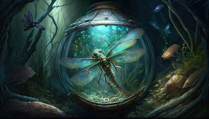 Magical dragonfly leads adventurers to hidden treasure. Illustration fantasy by generative IA