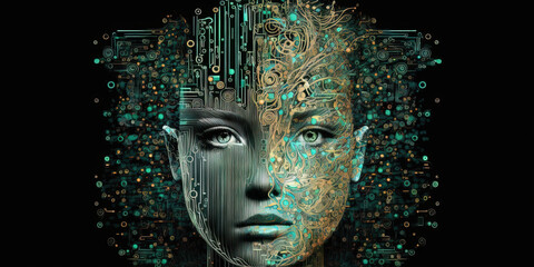 Feminine  Face comprised of computer chips and circuits, concept of Digital Technology and Technology Integration, created with Generative AI technology - obrazy, fototapety, plakaty